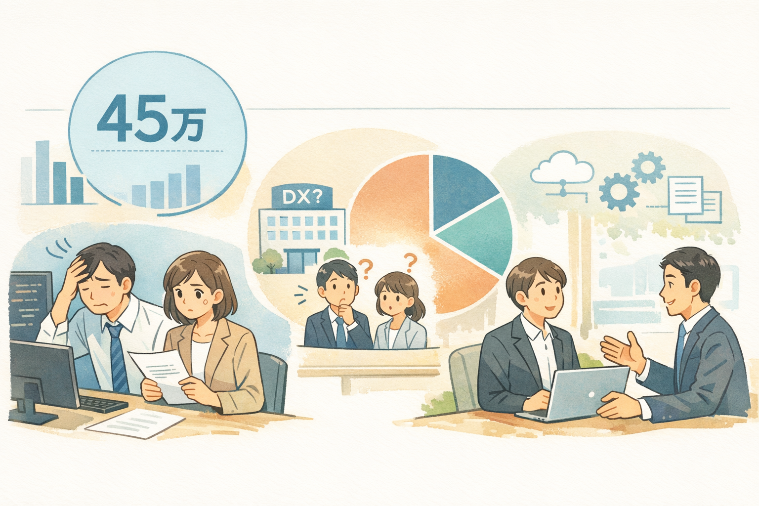 挿絵01: 中小企業のIT人材不足の現実 — IT人材45万人不足・78%が"DX担当いない"の数字インフォグラフィック