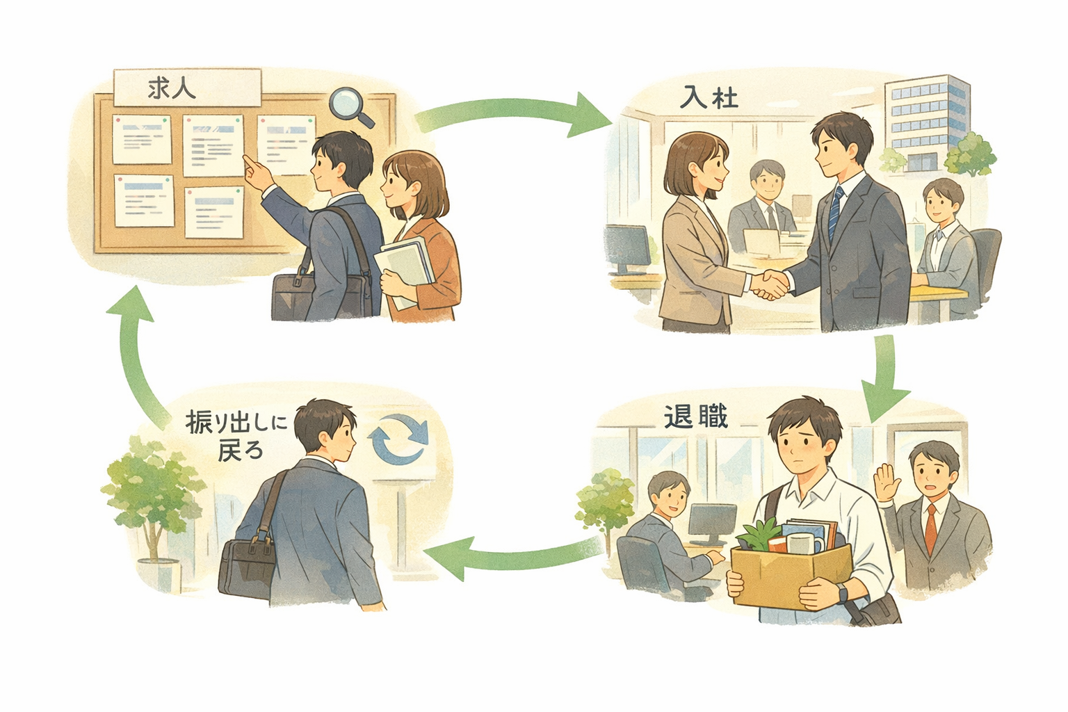 挿絵02: A社のケース図解 — 求人→入社→離職→振り出しに戻るループ
