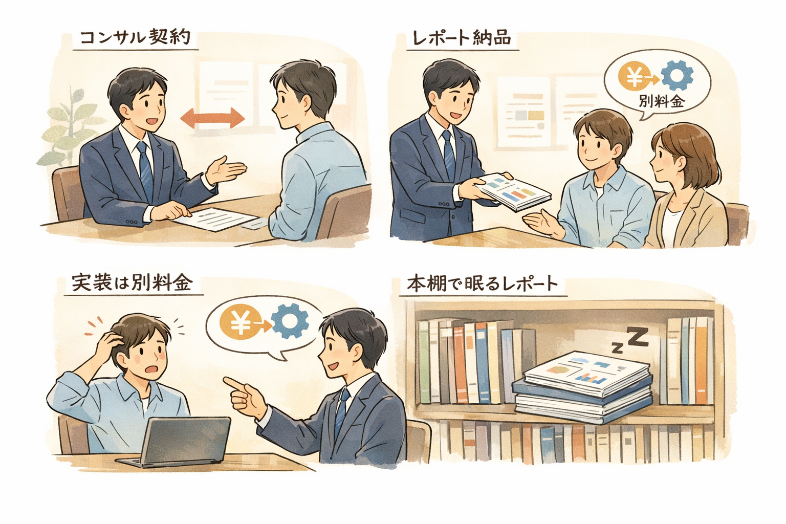 挿絵03: B社のケース図解 — コンサル契約→レポート納品→実装は別料金→本棚で眠るレポート