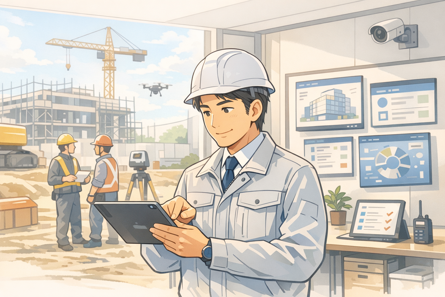 ケース③ビジュアル: タブレットで仕事する建設業のマネージャー・デジタル化された現場