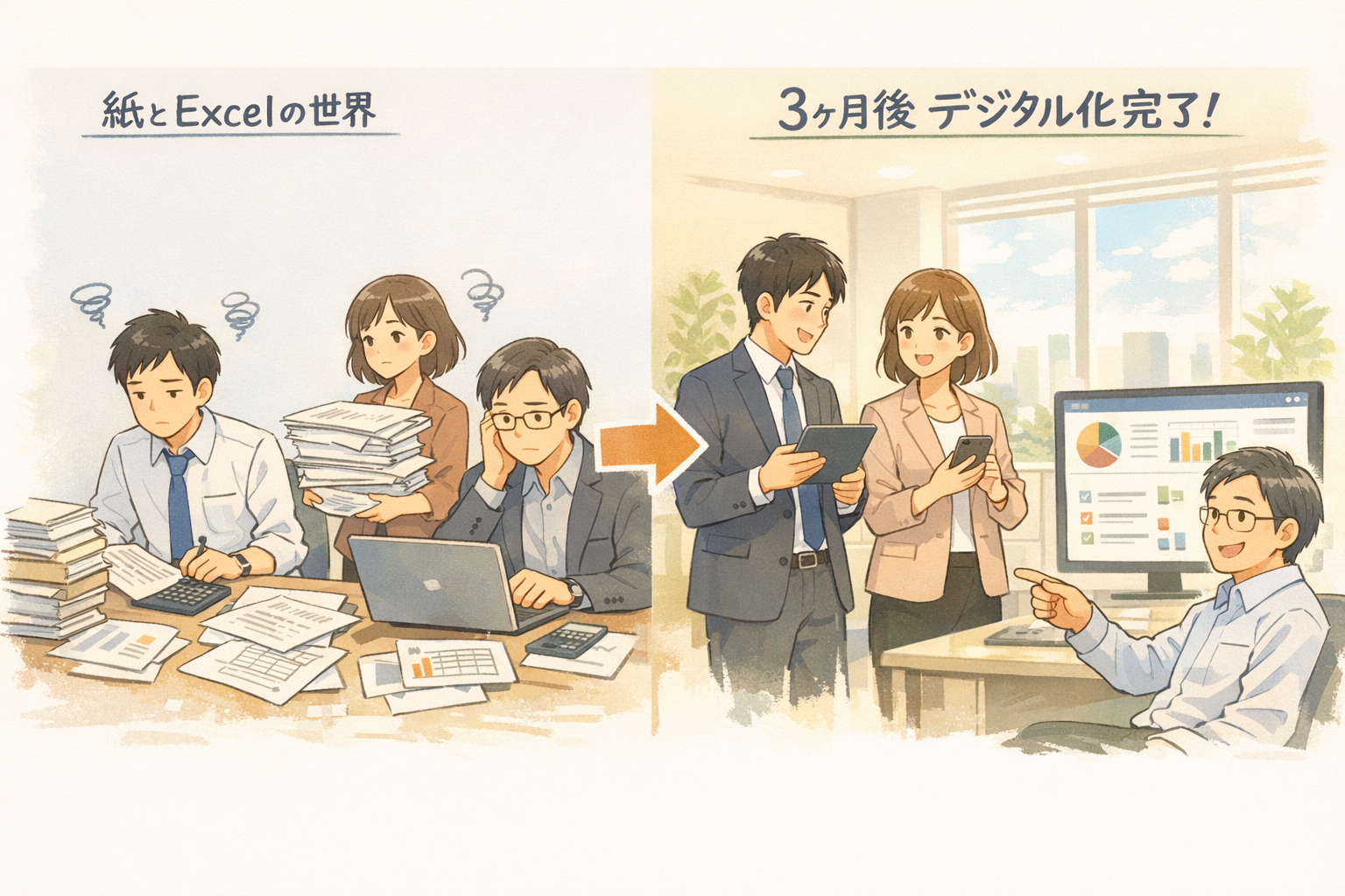 挿絵04: C社のBefore/After図解 — 紙とExcelの世界 → 3ヶ月後にデジタル化完了