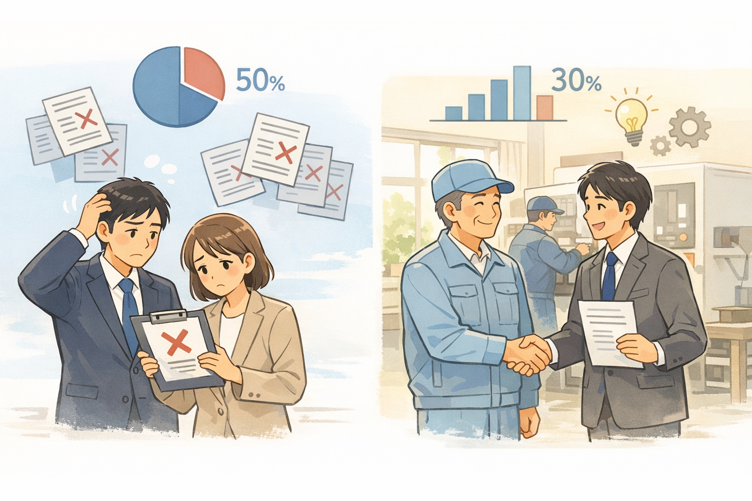 挿絵01: ものづくり補助金の現実 — 採択率50% / 事業化成功率30%のデータ