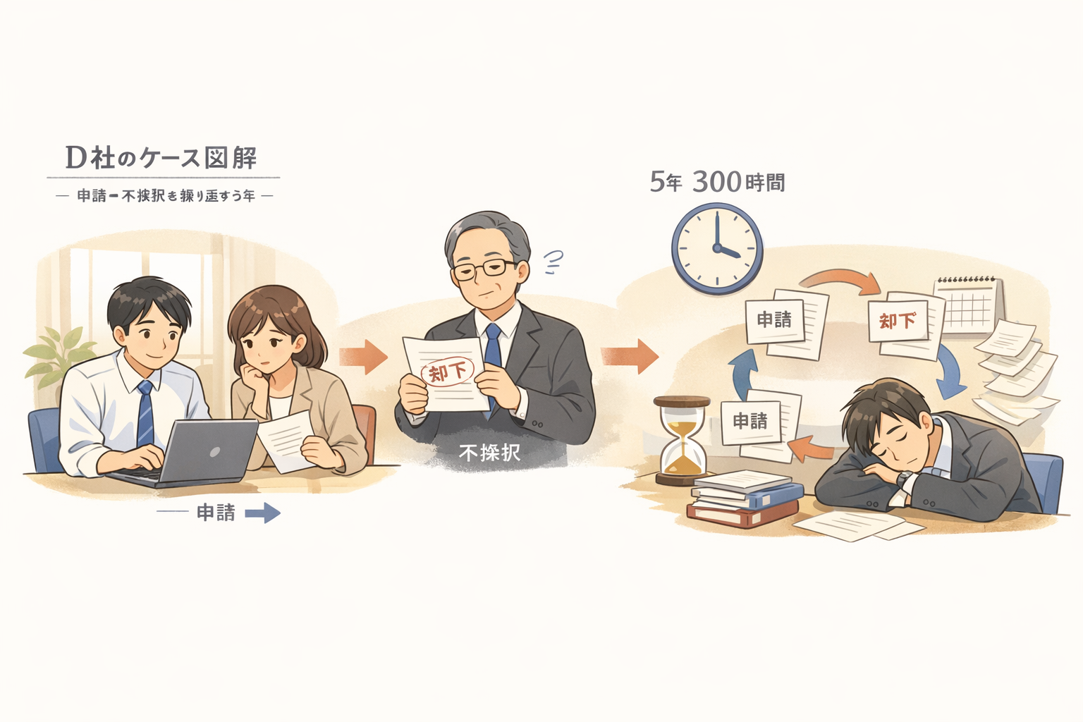 挿絵02: D社のケース図解 — 申請→不採択を繰り返す5年300時間のループ