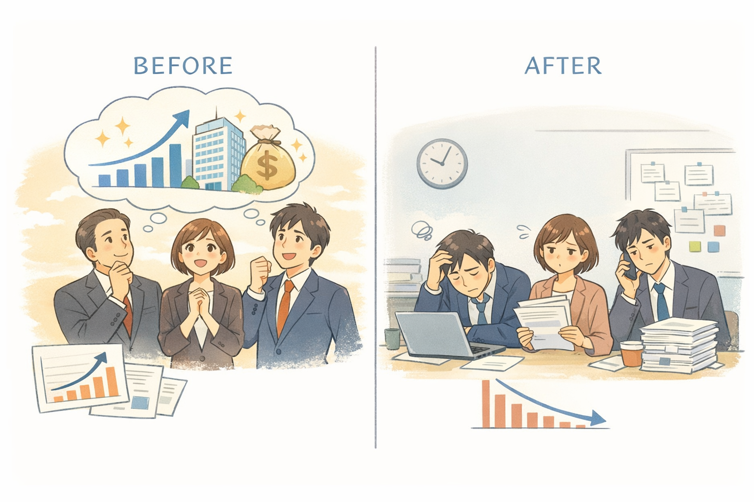 挿絵04: F社のBefore/After図解 — 採択前の期待と、採択後5年間の現実