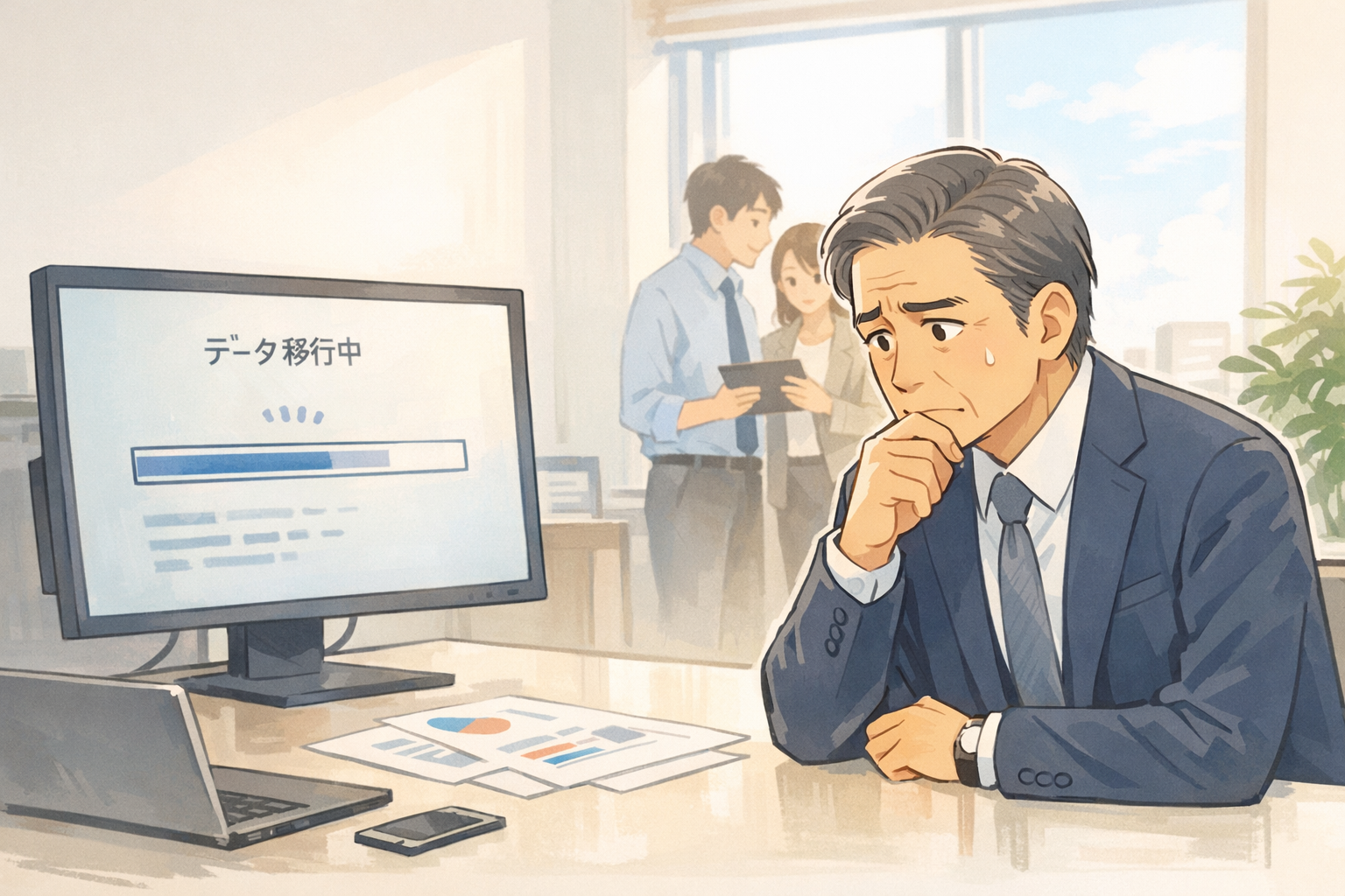 ケース①ビジュアル: データ移行の進捗バーを不安そうに見る経営者