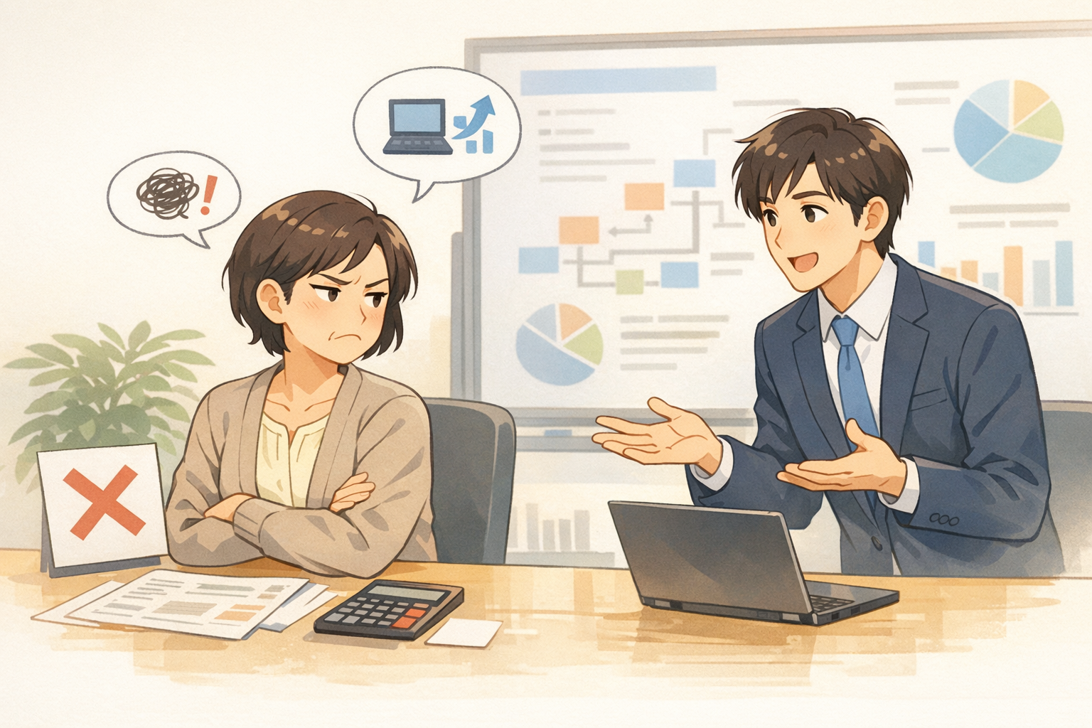 ケース②ビジュアル: 新システムに反発する経理担当と若手マネージャー