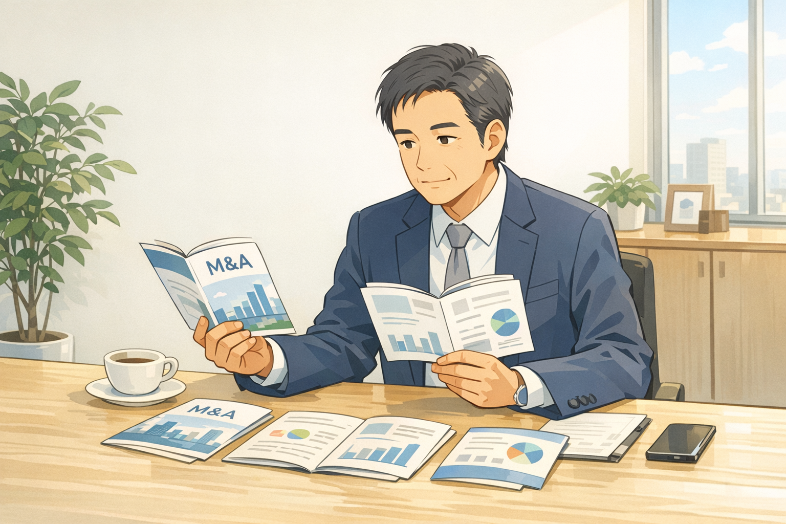 ケース③ビジュアル: 複数のM&A仲介会社のパンフレットを比較する経営者