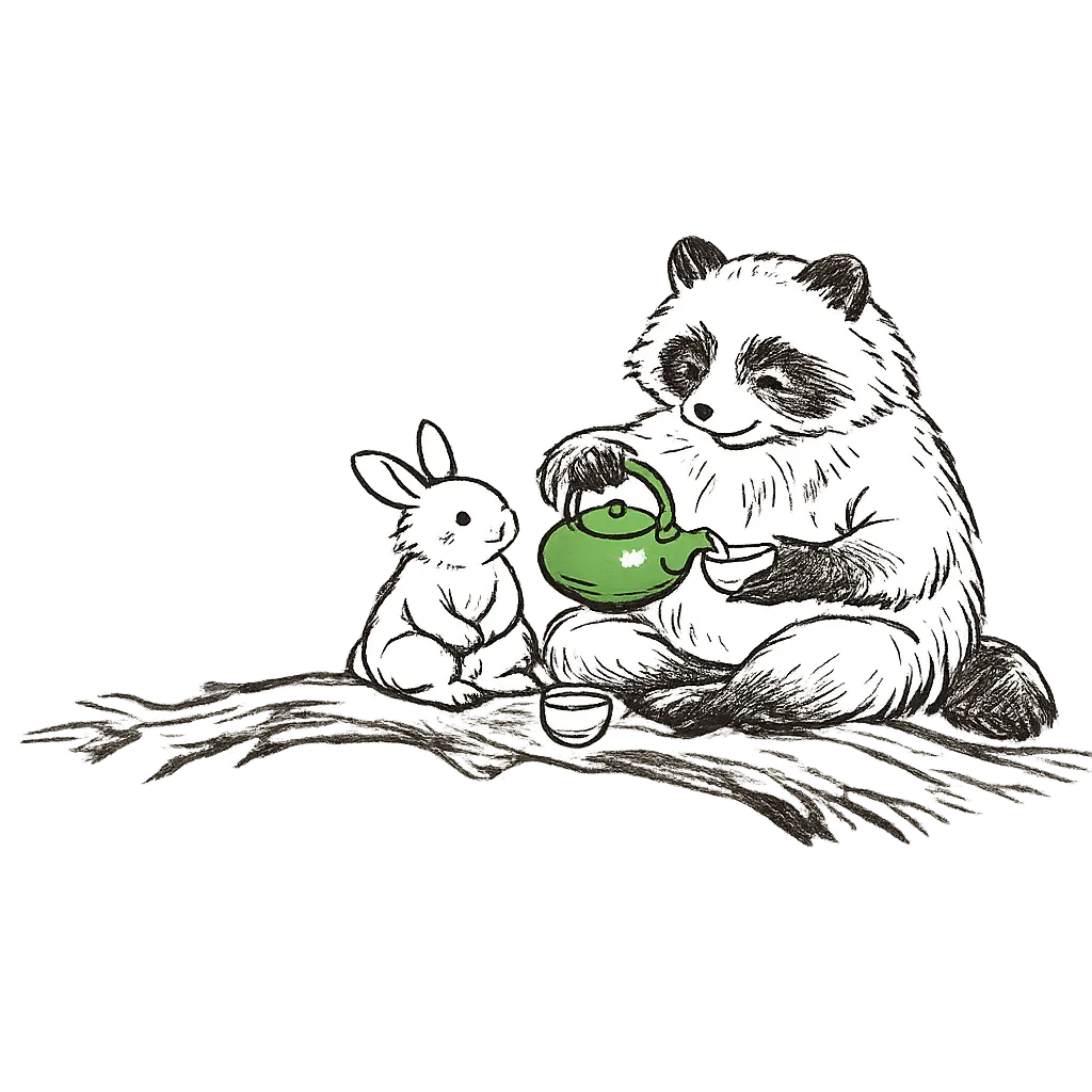 お茶をふるまうタヌキ